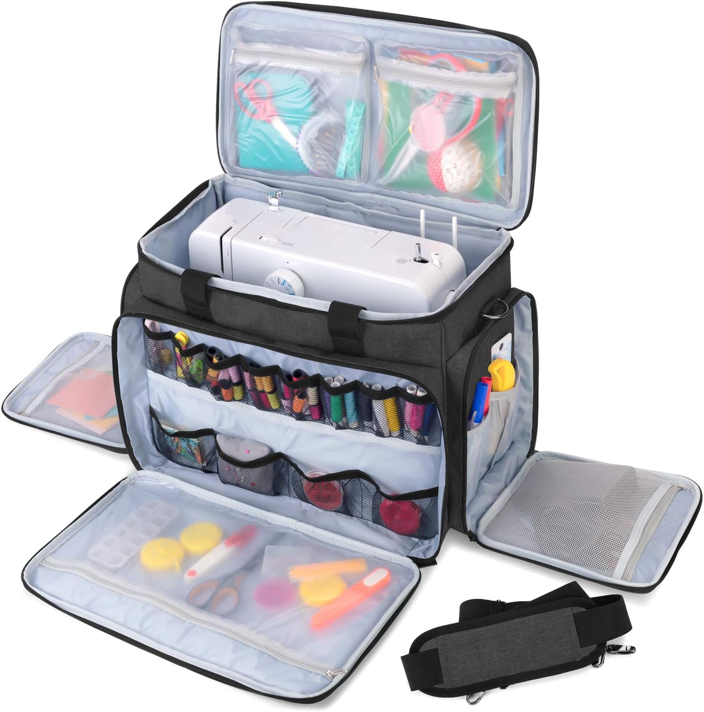 This was a terrific rolling case to take my Janome Quilters Companion machine to a quilt retreat. Really good quality case and lots of storage pockets for sewing supplies.