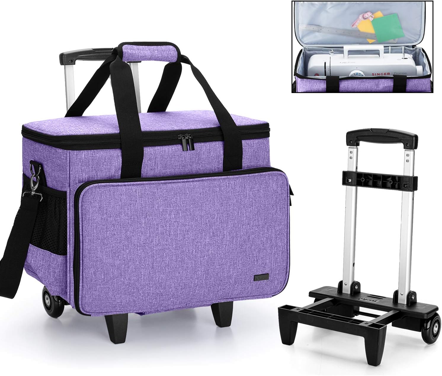 Yarwo Detachable Rolling Sewing Machine Carrying Case, Trolley Tote Bag with Removable Bottom Wooden Board for Most Standard Sewing Machine and Accessoriess, Purple