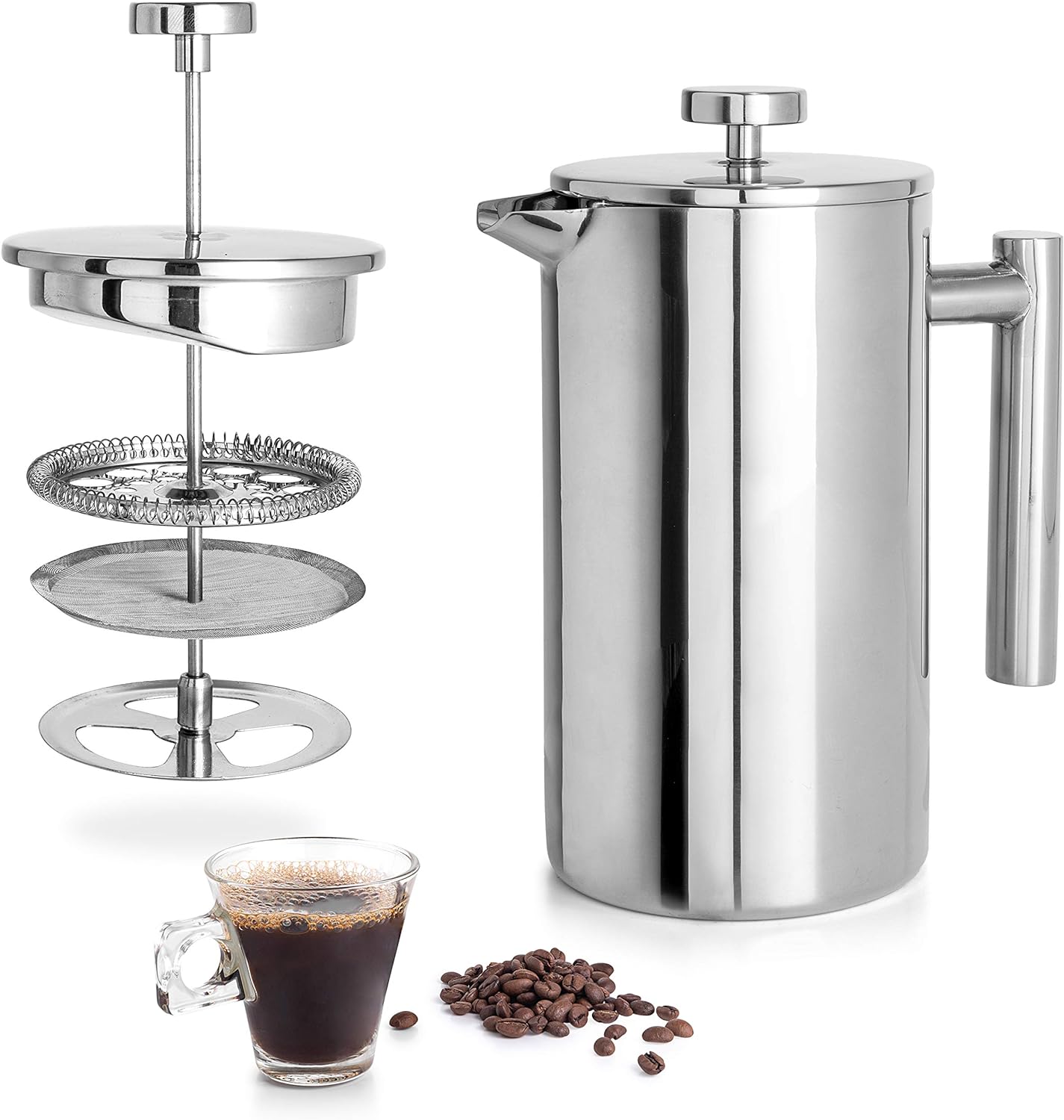 I absolutely love this cafetiere. It makes a solid 2 large mugs of perfect coffee with no grounds -- and I grind mine quite fine. It keeps the coffee warmer than plastic or glass models, is easy to clean, well made, and looks fetchingly stylish sitting on my desk at work. Highly recommended.