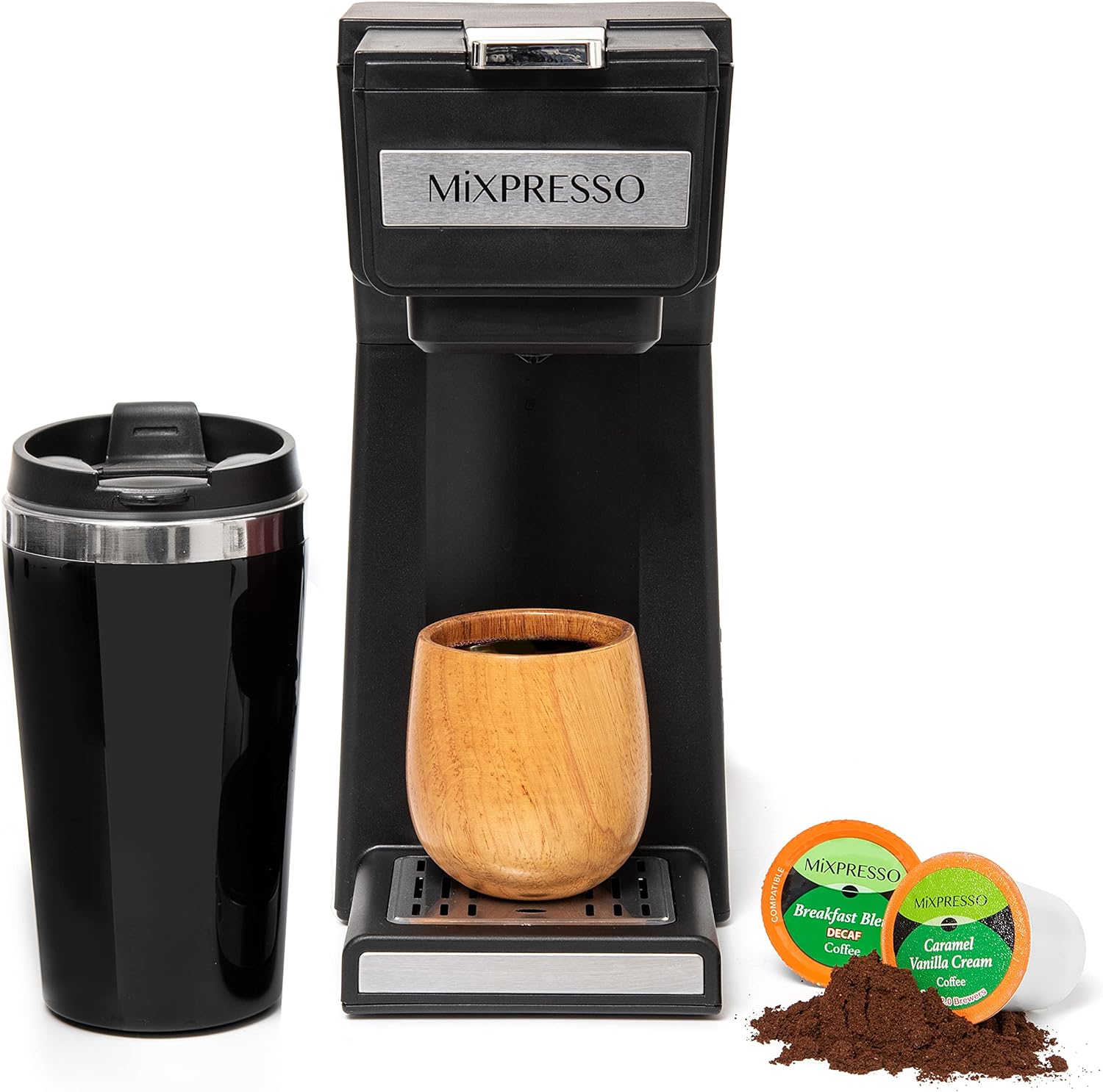 Screw on mug! Great for small space. Perfect for one person. The lid isn't super sturdy but with a bit of care you won't have any problems. Packaged good came in perfect condition. K cups are all I have used & with no issues! Very happy with this purchase