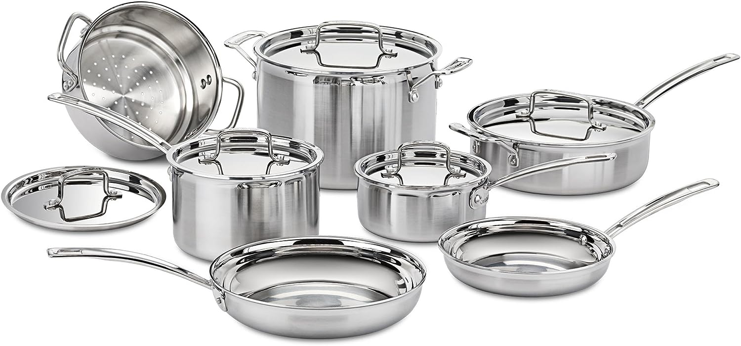 I chose this set mostly because of the reviews and from looking at what All-Clad' product/price was compared to Cuisinart'. There is no way I could be any happier with a stainless steel set of cookware! The product is hefty without being heavyweight, balanced in hand, heats very quickly, uses less than half of heat setting to what I use on cast iron or all aluminum.1. Used the 2 quart pan and steamer to do green beans. Brought the water to boil on 6, (you could do this on 4 if you give it anot
