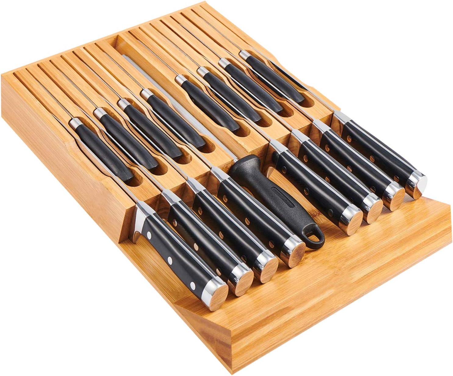 Utoplike In-Drawer Bamboo knife block, Drawer Knife Set Storage, Knife Organizer and Holder with Slots for 16 Knives and 1 Sharpening Steel (Not Included)-Kitchen Drawer, Counter Top