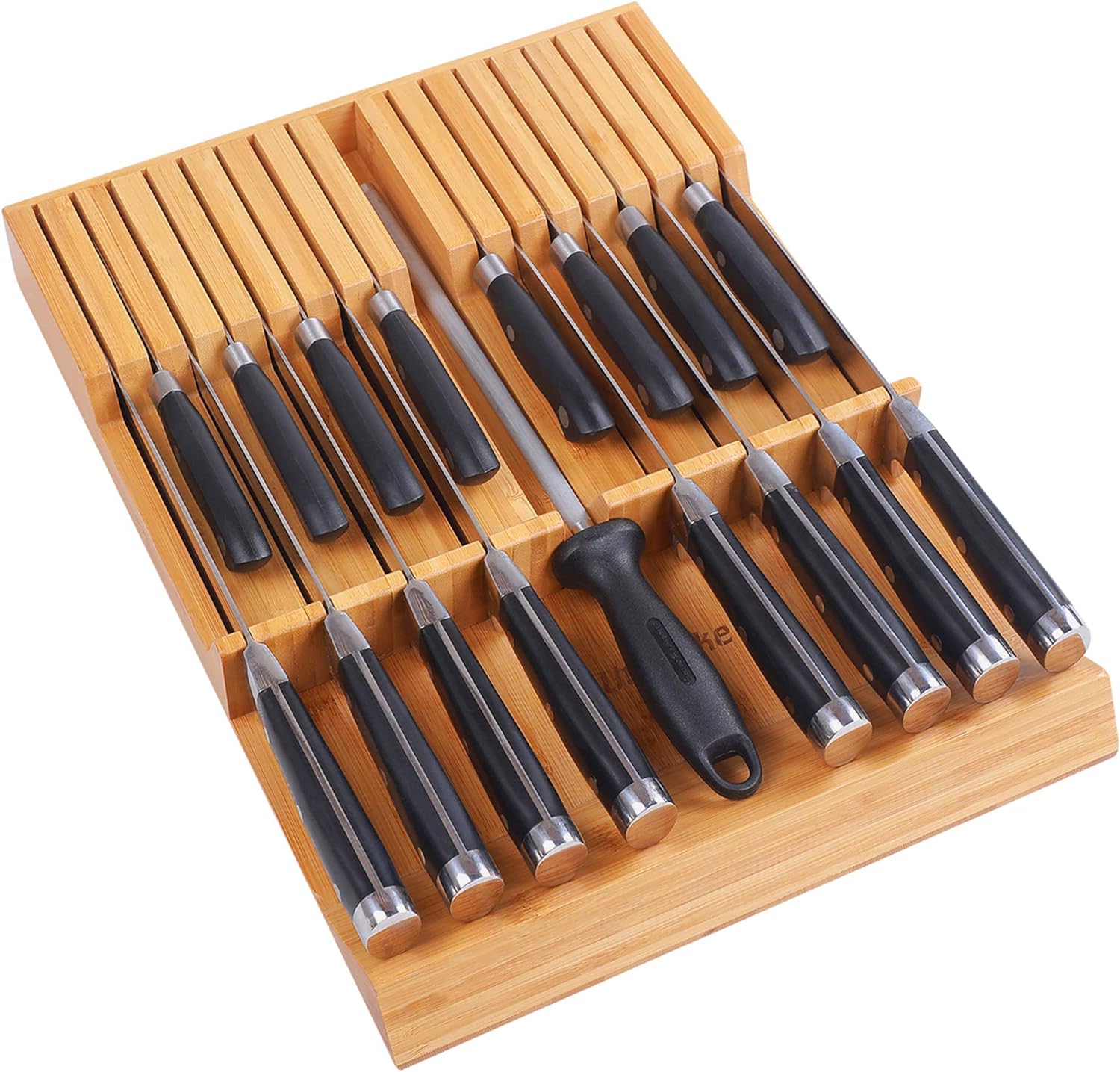 This knife block is great. It fits well in any size drawer. Not too tall. Our knives are well-organized now. No problem getting the knives in the slots. Hold lots of knives. It' looks really nice. The price is well worth it.