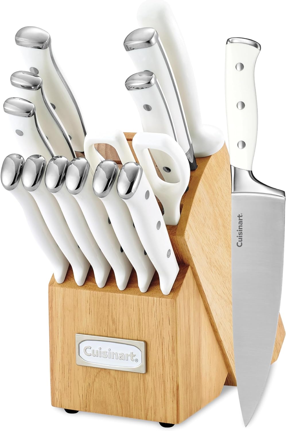 As usual Cuisineart delivers an excellent product at a very affordable price.These knives come razor sharp right out of the box and have a beautiful appearance. The steel has held up well against tougher substances such as dried sage with minimal loss of sharpness.The sharpener that comes with it is also very good, I touched up my pocket knives with it and it brought them back to a sharp edge in just a few minutes.Absolutely recommend, I generally purchase chefs knives in the range of $250-1000 