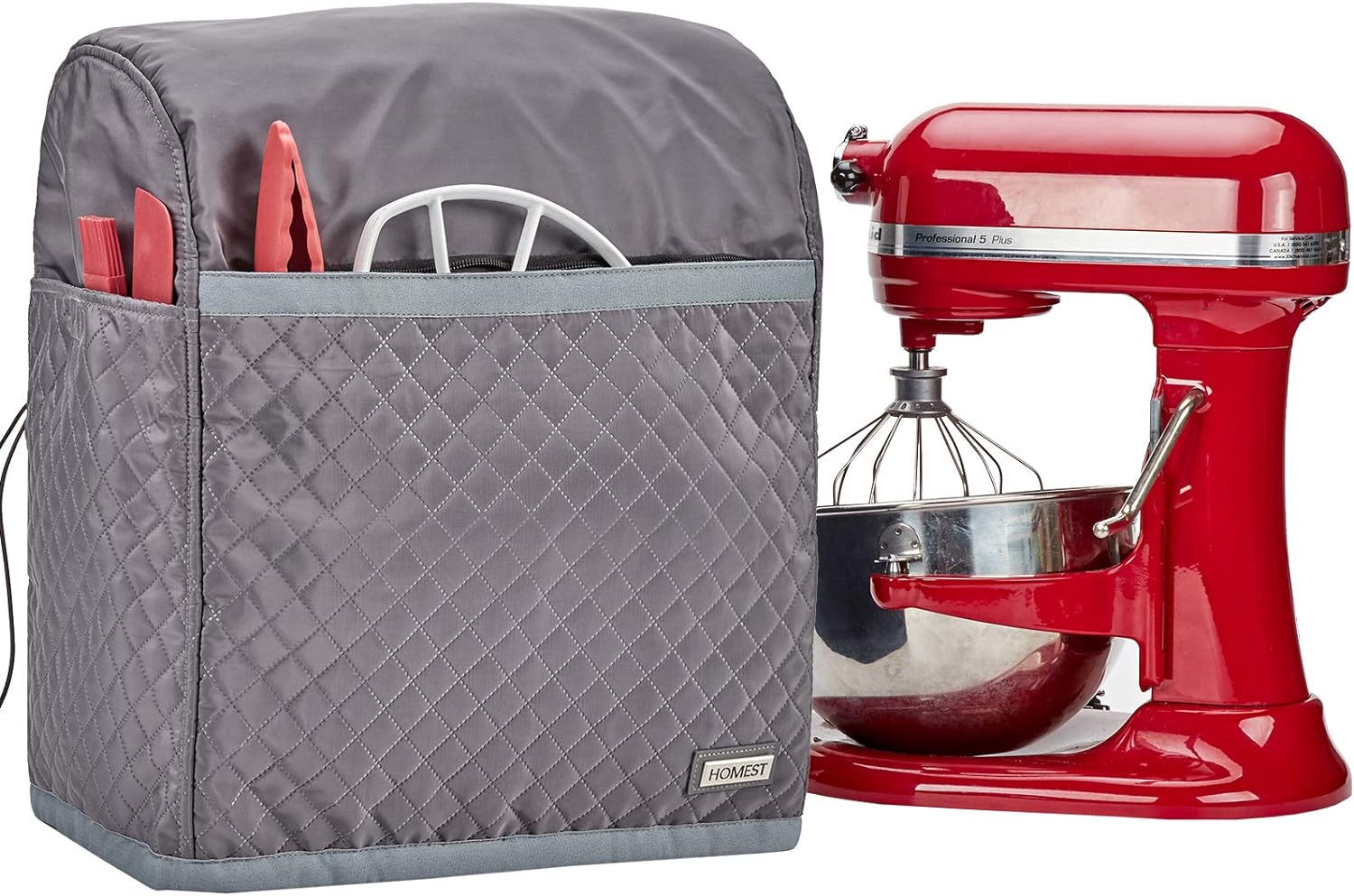 HOMEST Stand Mixer Quilted Dust Cover with Pockets Compatible with KitchenAid 6/7/8 Quart Bowl Lift, Grey (Patent Design)