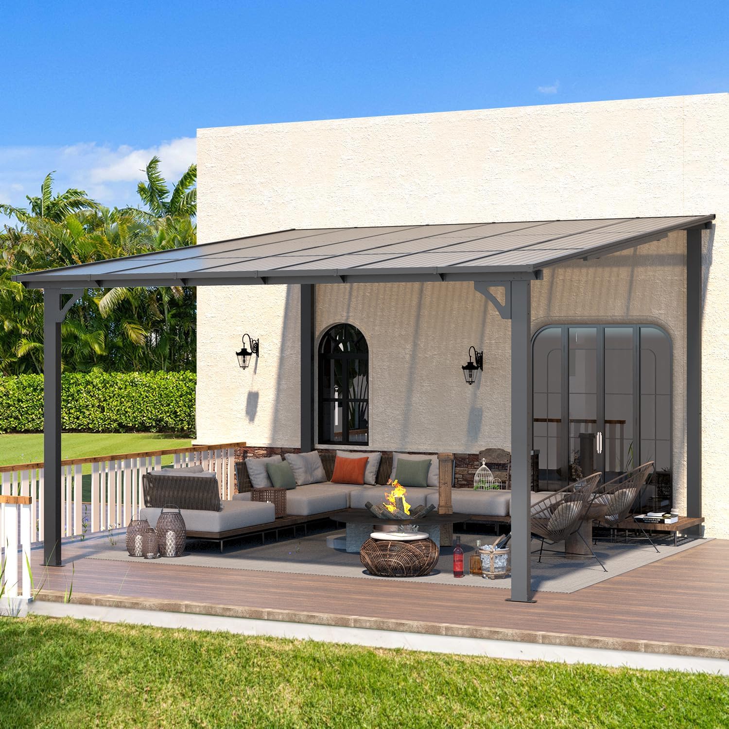 AECOJOY 12' x 12' Gazebo for Patio, Wall-Mounted Lean to Gazebo Pergola with Roof (144 Sq.Ft Shaded) on Clearance, Large Hard Top Heavy Duty Awnings for Decks, Backyard and More