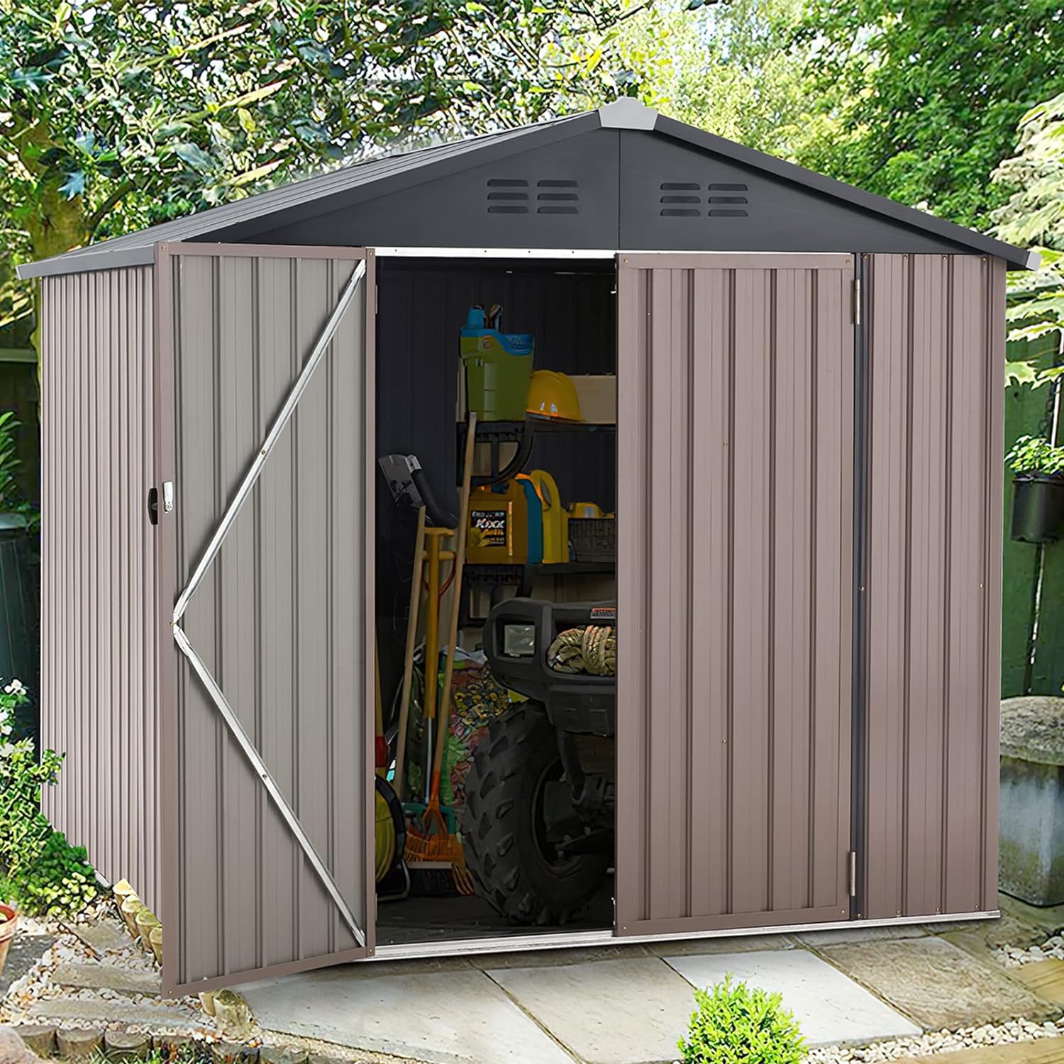 AECOJOY 7' x 7' Metal Storage Shed for Outdoor, Outdoor Storage Shed with Design of Lockable Doors, Utility and Tool Storage for Garden, Backyard, Patio, Outside use.