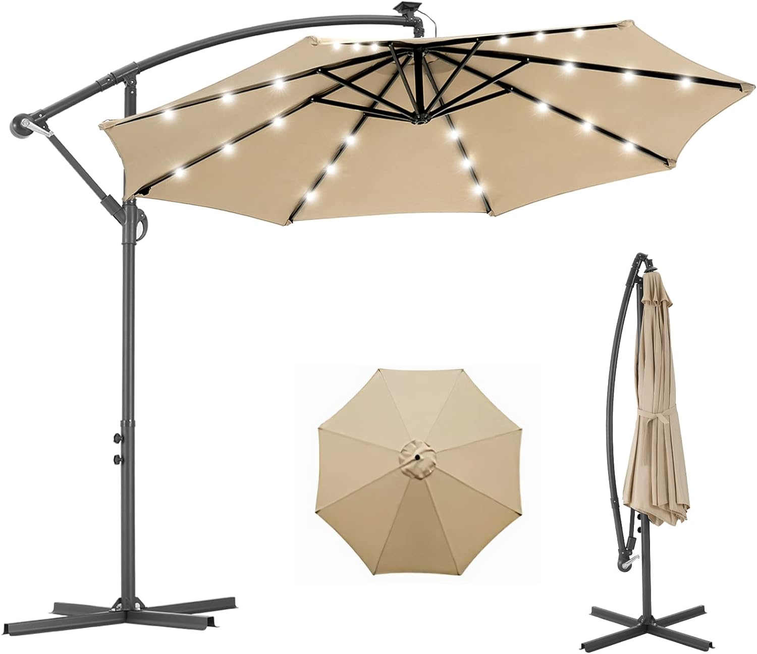 AECOJOY 10FT Patio Outdoor Umbrella with Solar Powered LED Hanging Offset Umbrella with Cross Base, 24 LED Lights for Backyard, Beige