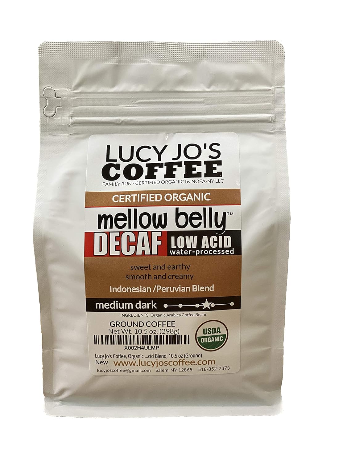 I got this for my dad for Christmas. He recently switched to decaf and I thought this brand sounded good. He loved it and will get more when he runs out. So if you're searching for a decaf that actually tastes good, try Lucy Jo' Coffee, Organic Decaf Mellow Belly Low Acid Blend, Medium Dark, 10.5 oz (Ground)