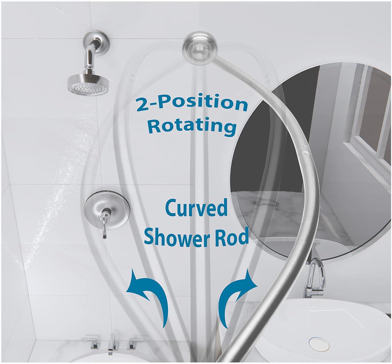 Rotating Curved Shower Rod Brushed Nickel - Flips In and Out GREAT for Small Bathrooms Curved Shower Rod - No Rust Stainless Curved Shower Rods Fit Standard Tubs 58.5- 60