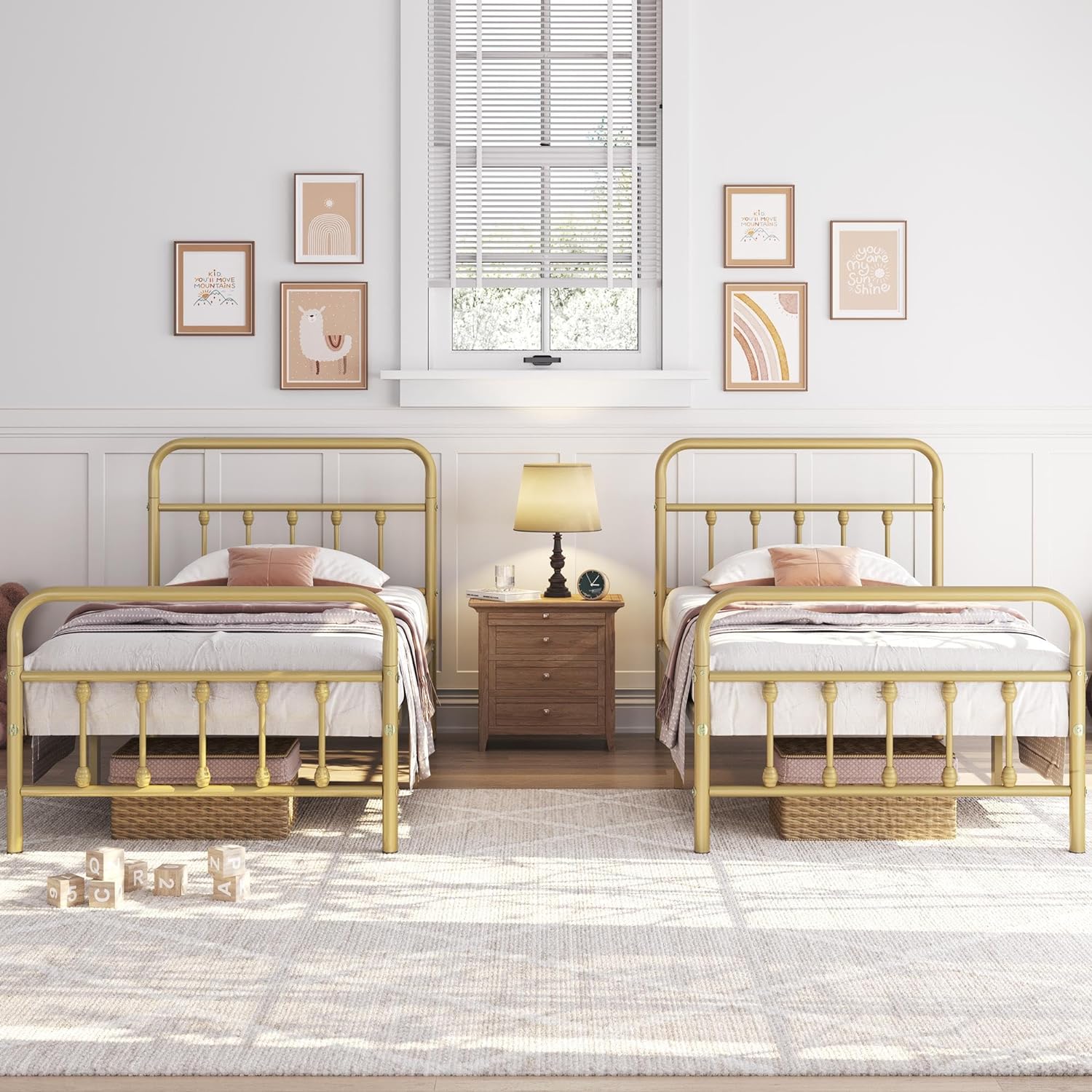 Yaheetech 2Pcs Twin XL Size Metal Platform Bed Frame with Victorian Style Iron-Art Headboard/Footboard/Under Bed Storage No Box Spring Needed Antique Gold