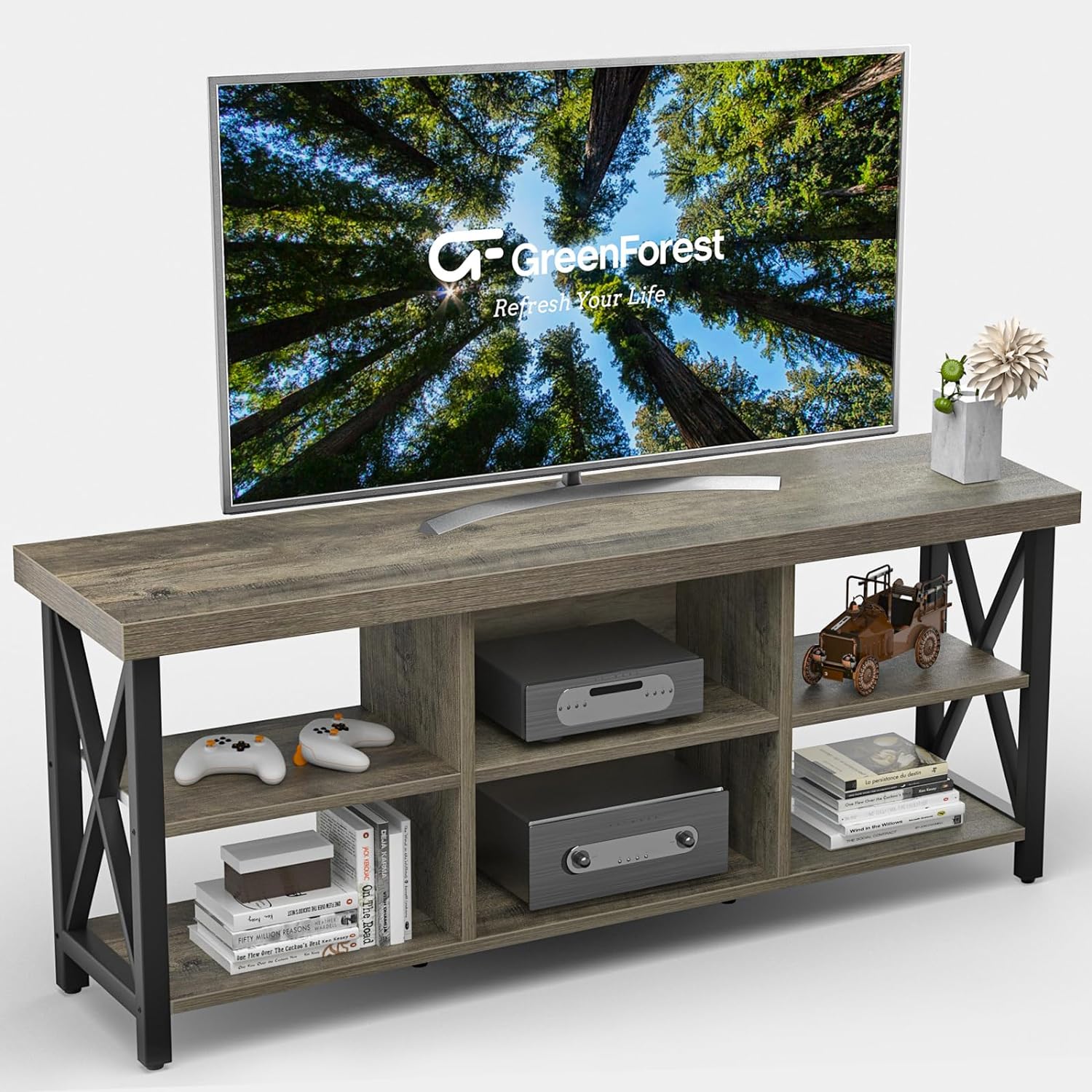 GreenForest TV Stand for TV up to 65 inches Entertainment Center with 6 Storage Cabinet for Living Room, 55 inch Television Stands Console Table, Gray