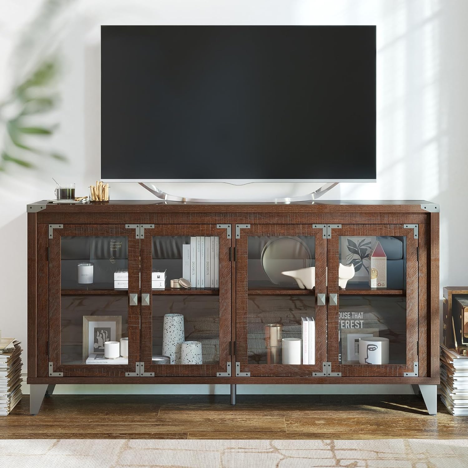 VanAcc Farmhouse Living Room TV Stand for Televisions up to 73, 63'' Console Table with 4 Glass Doors, Sideboard Storage Cabinet with Adjustable Shelves for Kitchen, Dining Room, Brown