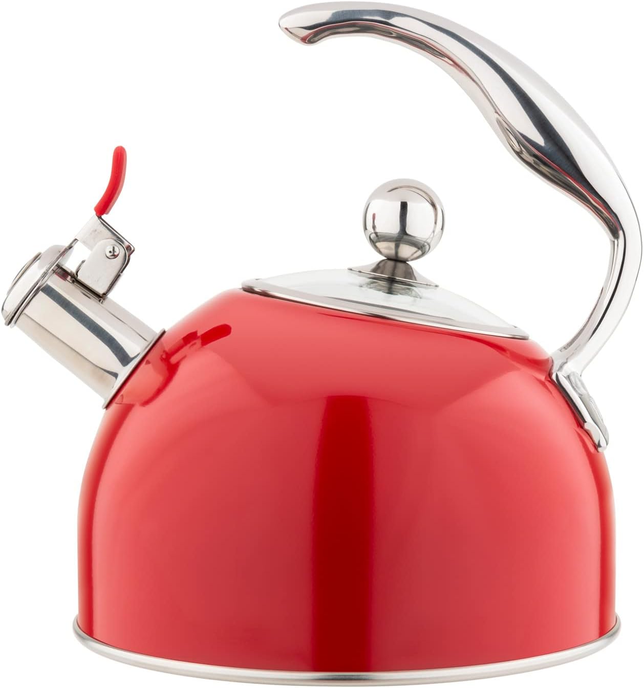 This is a great kettle. I know because I literally tried ten different kettles before I found this one. It shouldn't be hard to find a kettle that doesn't suck, but it is. This one is not perfect, but it' close. It satisfies my five basic requirements: - Red - Whistle - Handle is not awkward to hold - Whistle toggles on and off - Inside won't rustIt has some nice features. The whistle sounds good. It' not terribly loud, which could be good or bad depending on your use case. It has a little sil