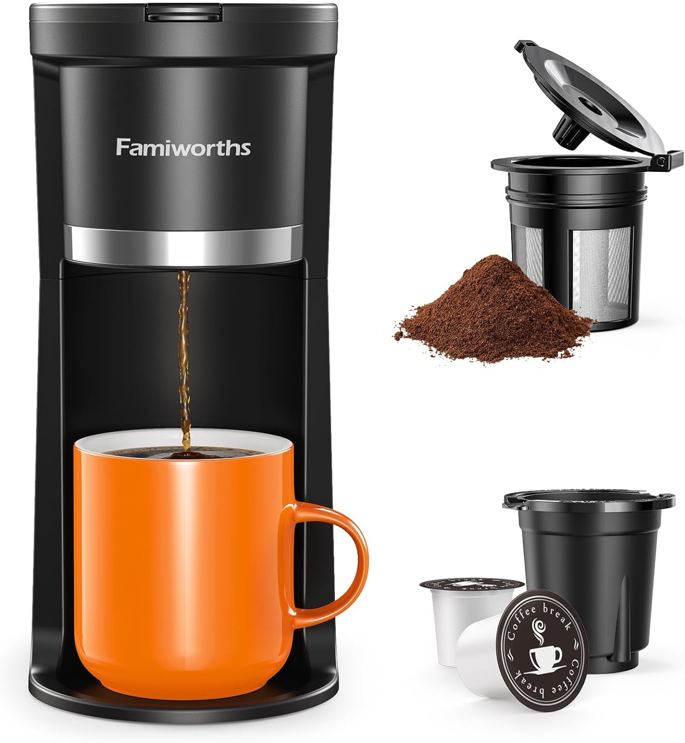 Famiworths Mini Coffee Maker Single Serve, Instant One Cup for K Cup & Ground Coffee, 6 to 12 Oz Brew Sizes, Capsule Coffee Machine with Water Window and Descaling Reminder, Black