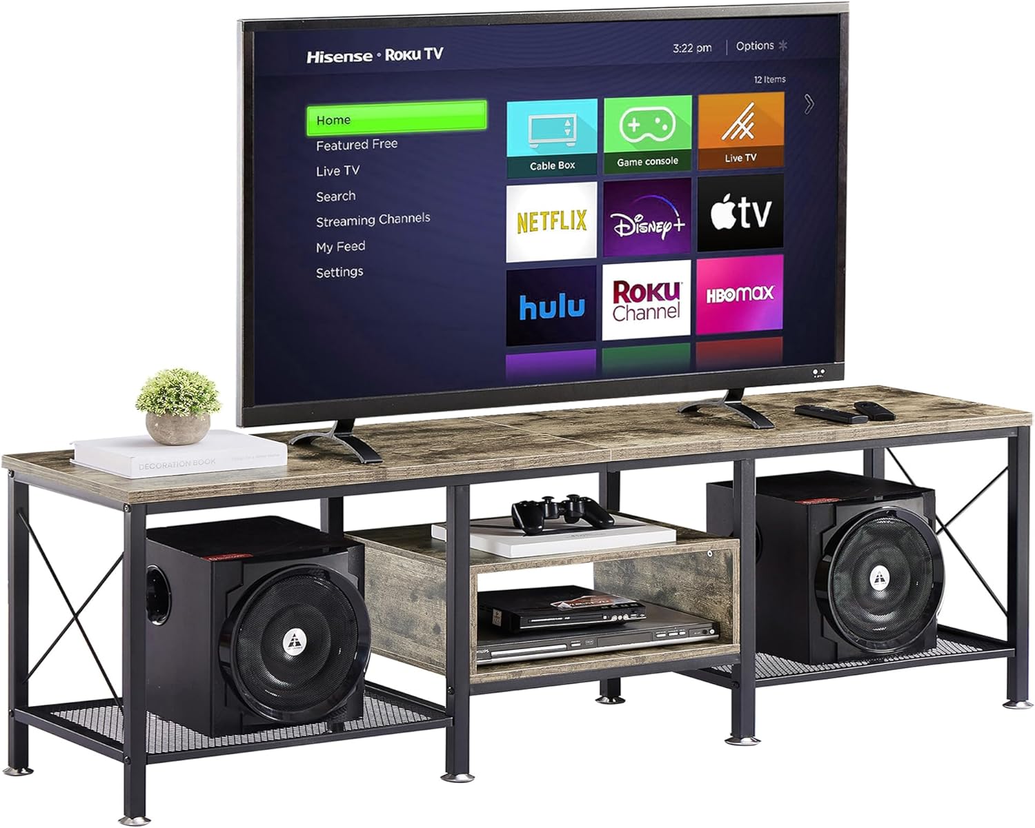 VECELO Industrial TV Stand for 75 Inch Television Cabinet 3-Tier Console with Open Storage Shelves, Entertainment Center Metal Frame for Living Room, Bedroom, 70 Inch, Grey