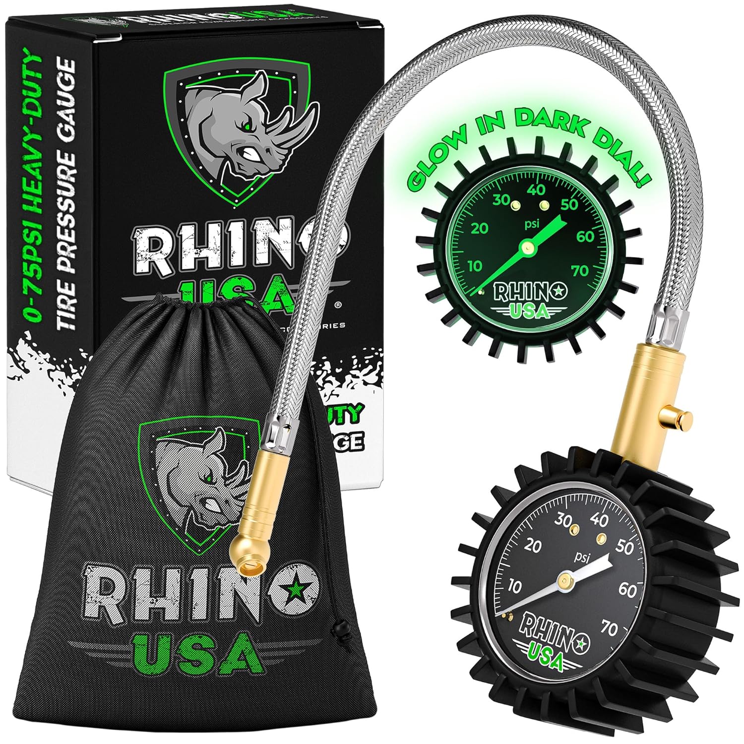 Rhino USA Heavy Duty Tire Pressure Gauge (0-75 PSI) - Certified ANSI B40.1 Accurate, Large 2 Easy Read Glow Dial, Premium Braided Hose, Solid Brass Hardware, Best for Any Car, Truck, Motorcycle, RV