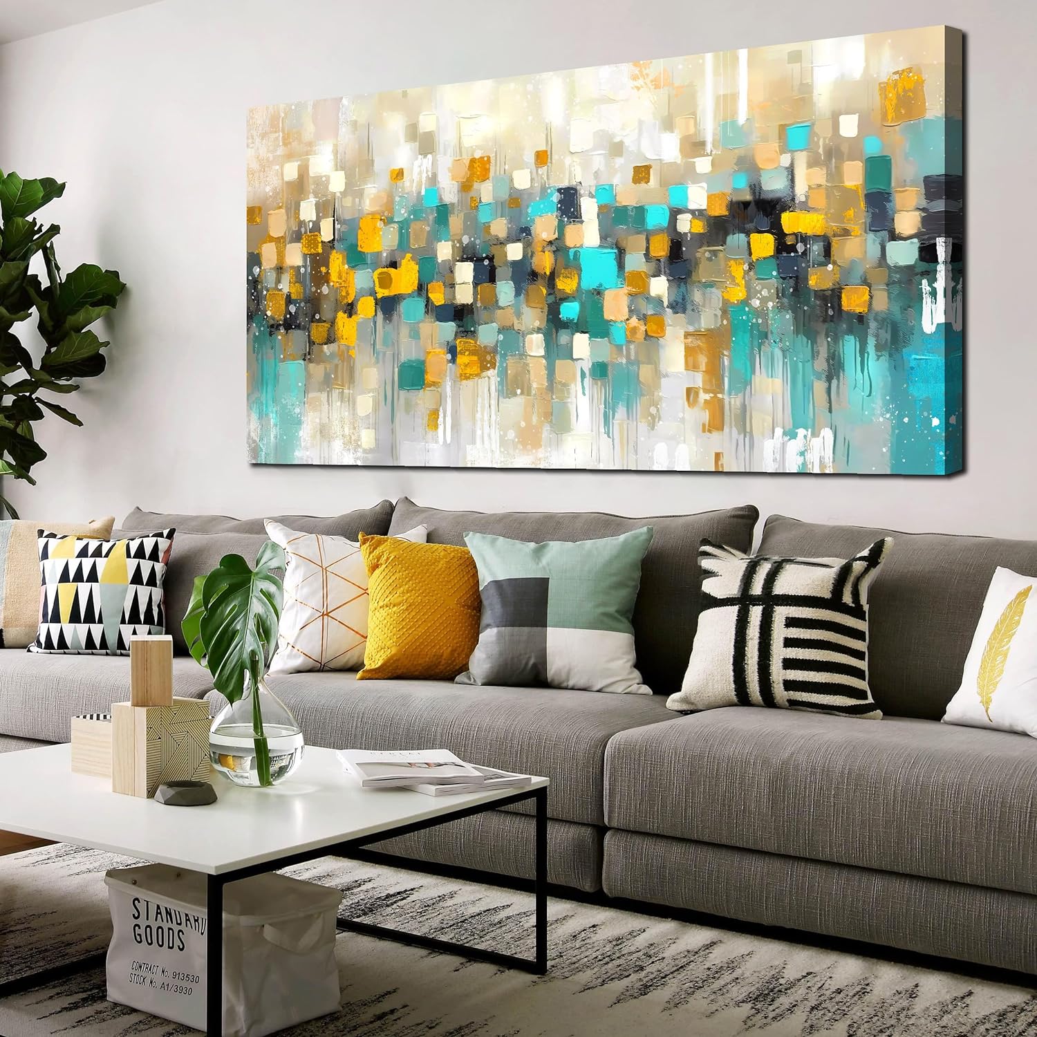 LAOTOART Modern Wall-Art for Living Room - Abstract Canvas Wall Art for Bedroom - Teal and Yellow Decor Ready to Hang Size 24 x 48