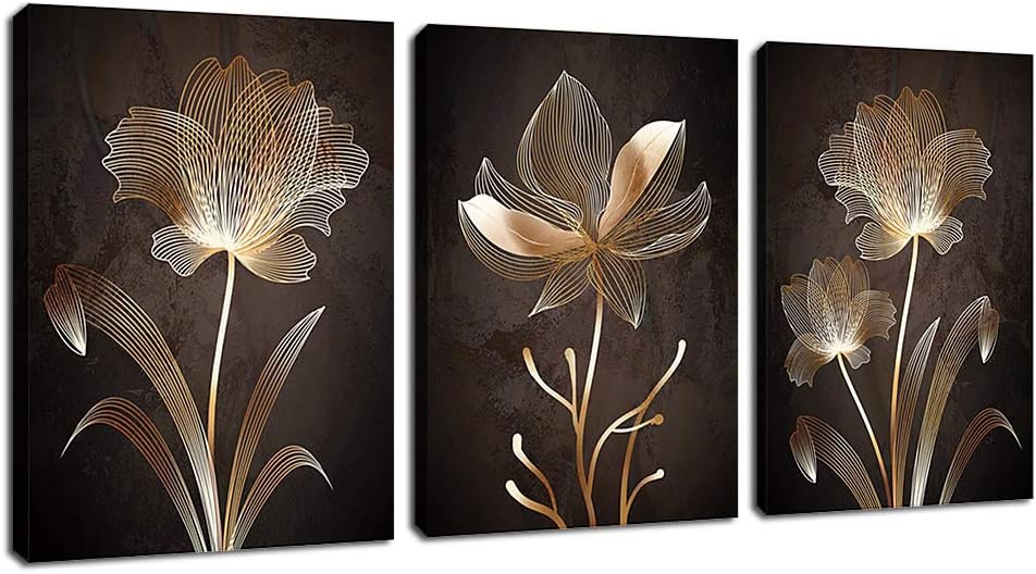 arteWOODS Abstract Wall Art Brown Flowers Canvas Pictures Contemporary Minimalism Abstract Flower Artwork for Bedroom Bathroom Living Room Wall Decor 12 x 16 x 3 Pieces