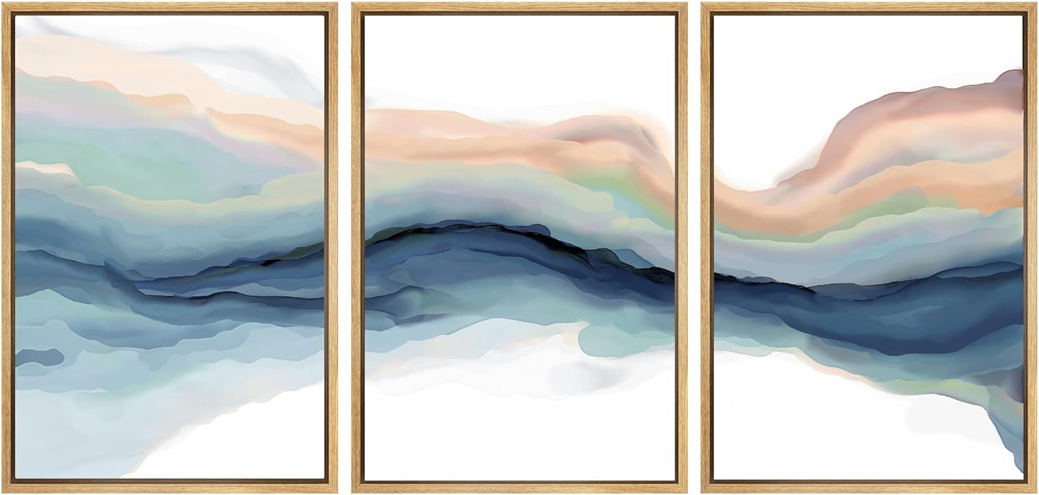 SIGNWIN Framed Canvas Print Wall Art Set Pastel Watercolor Teal Brown Paint Stroke Landscape Abstract Shapes Illustrations Modern Art Decorative for Living Room, Bedroom, Office - 16x24x3 Natural