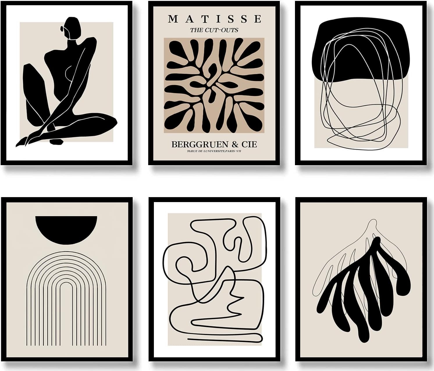 Quzenu Boho Wall Art Mid Century Modern Decor Canvas Prints Set of 6 Black And White Neutral Abstract Boho Wall Decor for Bedroom Living Room Bathroom 8x10 UNFRAMED