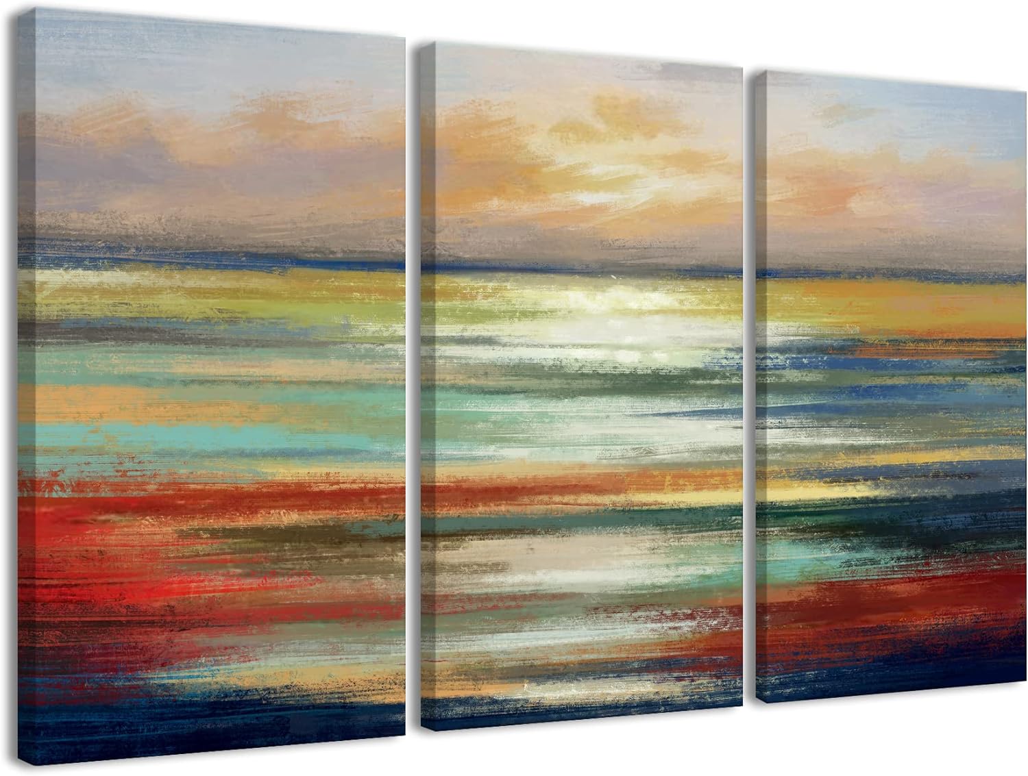 Blue and Red Wall Art-Abstract Ocean Sunrise Picture 3 Piece Canvas Print Wall Painting Modern Artwork Canvas Wall Art for Living Room Home Office Dcor