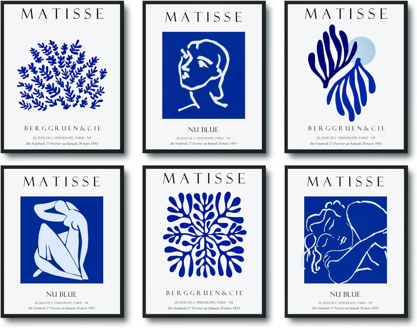 dazongweihan Blue Matisse Prints Wall Art, Flower Market Exhibition Posters, Abstract Wall Art Posters, Vintage Art Boho Art Prints, 8x10in, Unframed, Set of 6(J)