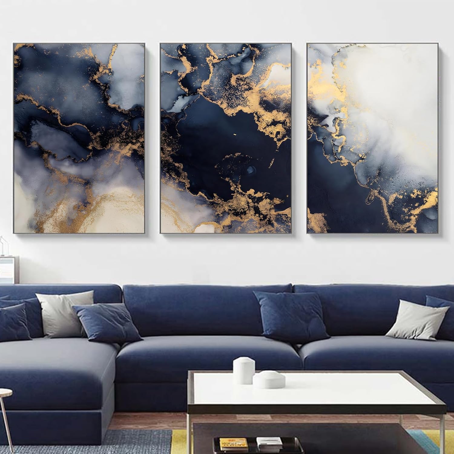 Blue White Gold Abstract Wall Art Blue Gold Abstract Picture Blue Yellow Abstract Art Navy Blue White Gold Painting Navy Blue Abstract Canvas Art Print Blue and Gold Marble Painting 16x24inx3 No Frame