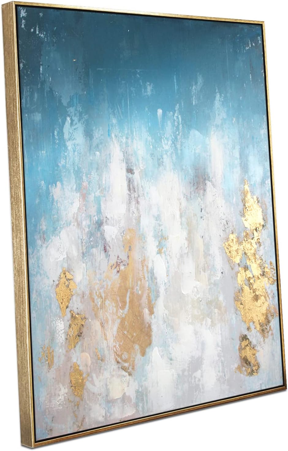 Zessonic Blue and Gold Abstract Wall Art - Abstract Beach Wall Decor in hues of blue, gold and white with hand texture for Living room, Bedroom, office24 x 32,Framed, Ready to hang