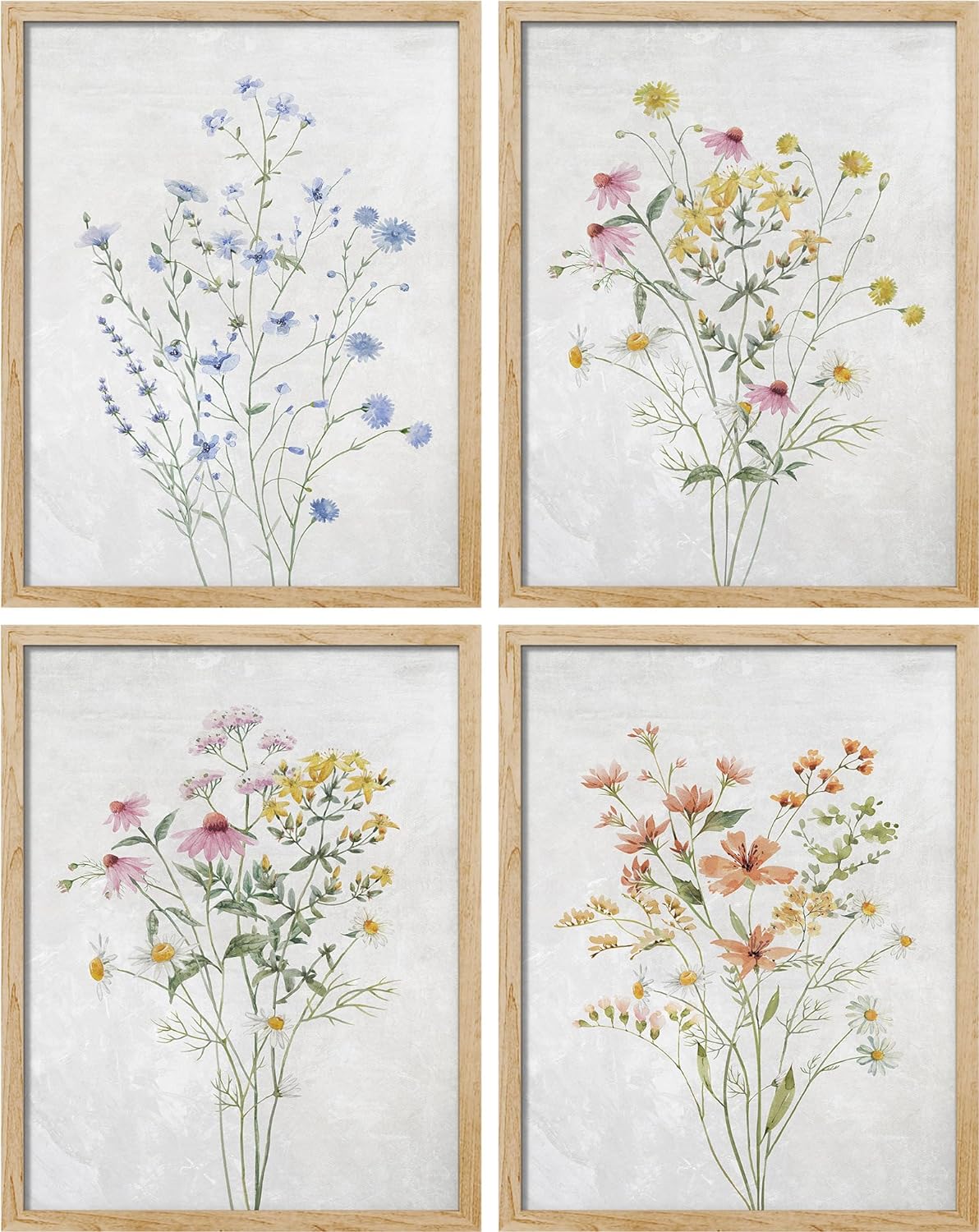 SIGNWIN Framed Colorful Wildflower Still Life Wall Art, Set of 4 Floral Botanical Print Wall Decor Prints, Nature Wilderness Wall Dcor for Living Room, Bedroom - 11x14 NATURAL