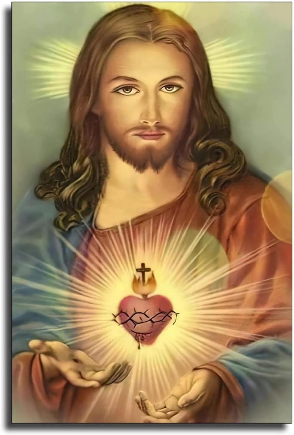 HHGaoArt Catholic Jesus Poster Print On Canvas Painting Christian God Pictures for Living Room With Frame (Sacred Heart of Jesus-1,12x18inch)