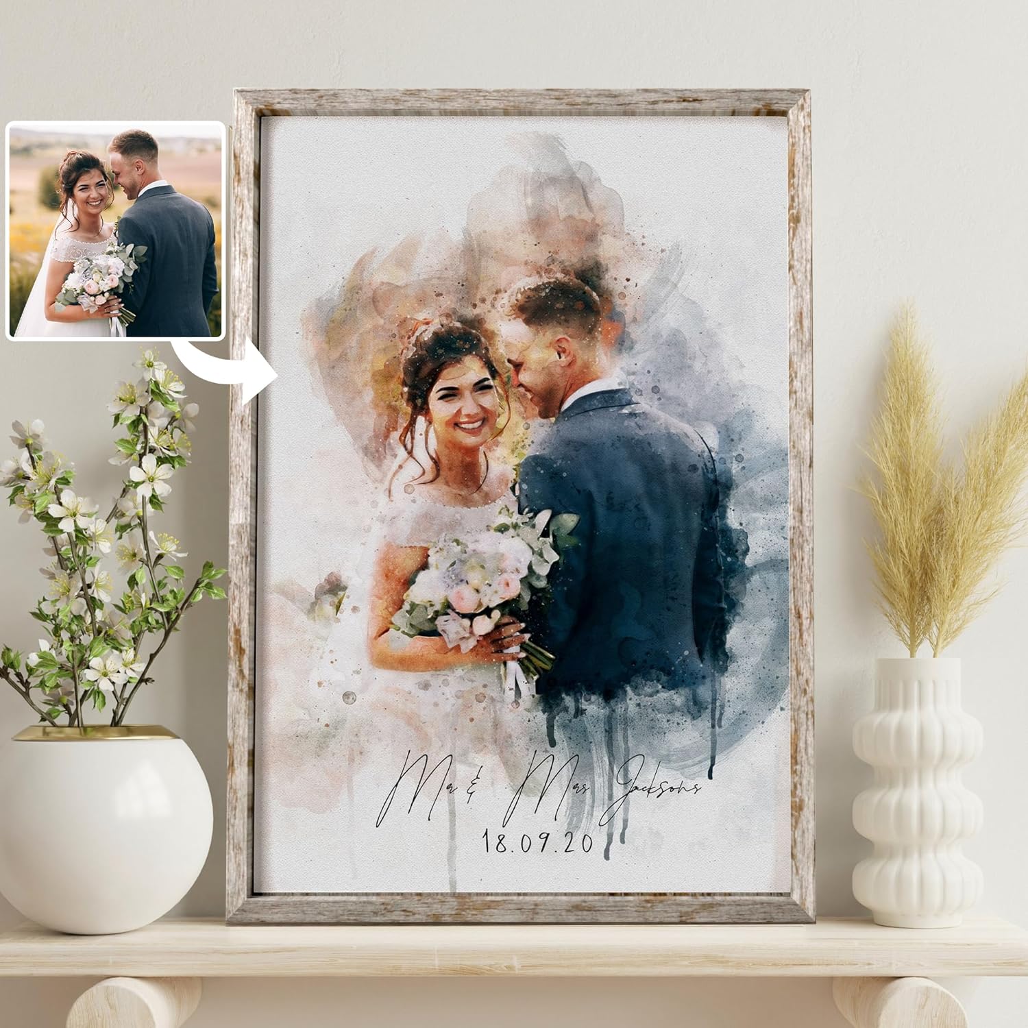 NAZENTI Watercolor Couple Portrait from Photo, Boyfriend Gifts, Girlfriend Gifts, Custom Wedding Anniversary for Wife Husband, Engagement Gift, Painting Picture Frame Canvas Wall Art, Valentines Day