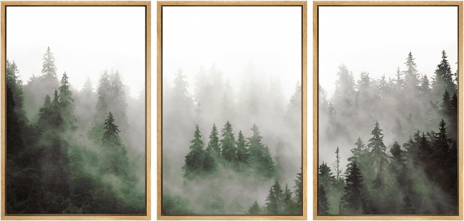 SIGNWIN Framed Canvas Print Wall Art Woodland Nursery Decor Set Fog & Mist Over Green Pine Tree Forest Nature Wilderness Modern Art Chic Landscape for Living Room, Bedroom, Office - 16x24x3 Natural