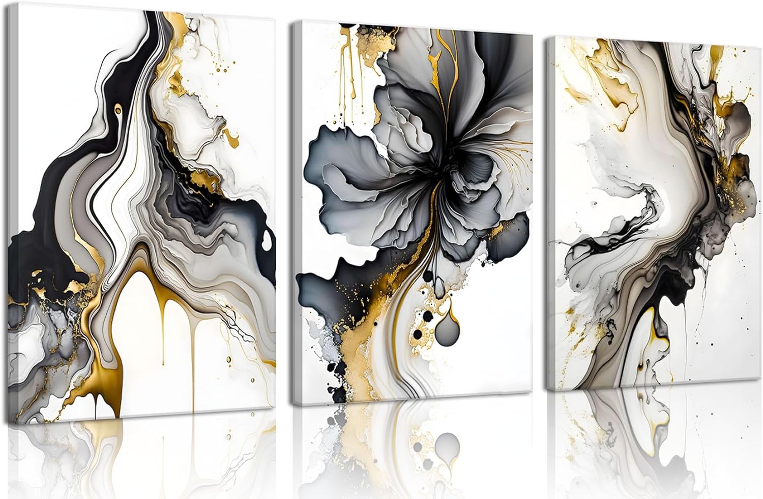 3Pcs Framed Black and Gold Abstract Wall Art, Modern Grey and Gold Marble Fluid Canvas Wall Art Prints Posters Wall Decor Pictures for Living Room Bedroom Office Home Decoration,Ready to hang