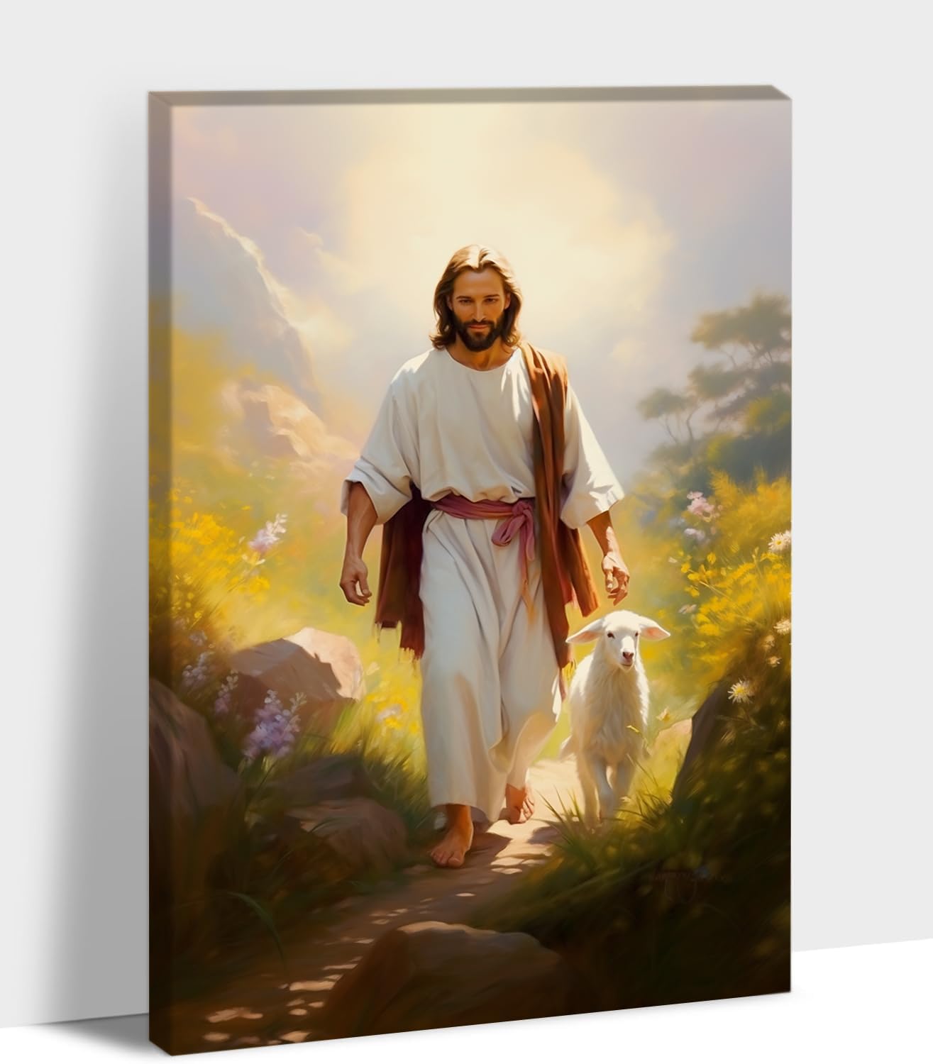 Jesus and Lamb Canvas Wall Art Painting Picture, Framed Christian God and Sheep Canvas Print Poster Decor for Living Room, Jesus Shepherd Seeks The Lost Lamb, Modern Religious Room Artwork 12 Wx18 H