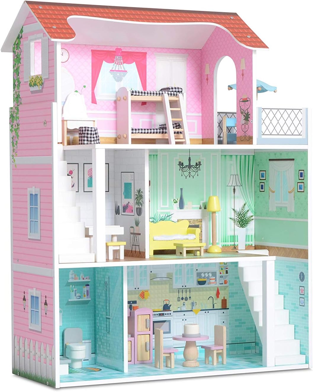 Milliard Pink Wooden Dollhouse for Kids with Doll House Accessories and Furniture - 3 Levels, 6 Rooms, Bonus Balcony and 20 Furniture Pieces, Perfect for 4-6 Dolls, Easy to Assemble, 31 x 24 x 9.5