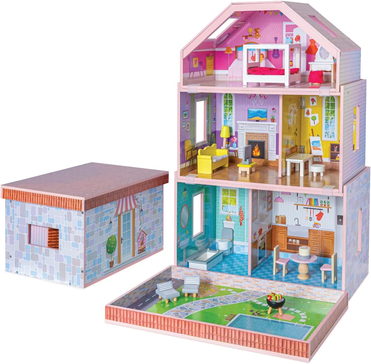 Milliard Nesting Dollhouse, Stack Mode (33x21x11.5in) & Store Mode (22x14x12in), Wooden Kids Dollhouse, 20 Bonus Furniture Pieces Included, Unique Design Patent Pending