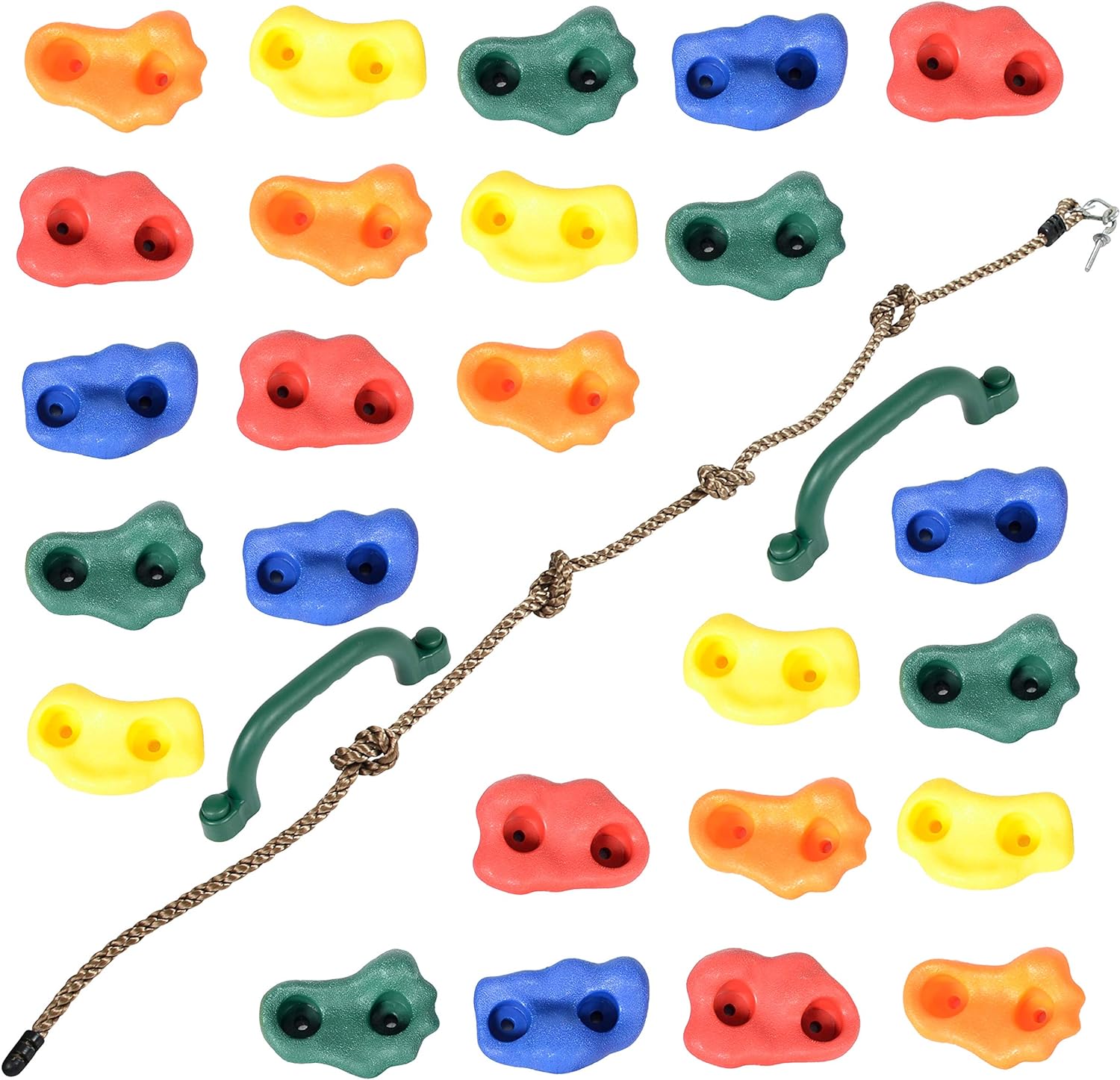 Milliard DIY Rock Climbing Holds Set with 8 Foot Knotted Rope (25 Pc. Kit) Kids Indoor and Outdoor Play Set Use, Includes Mounting Screws, Handles and Hooks.