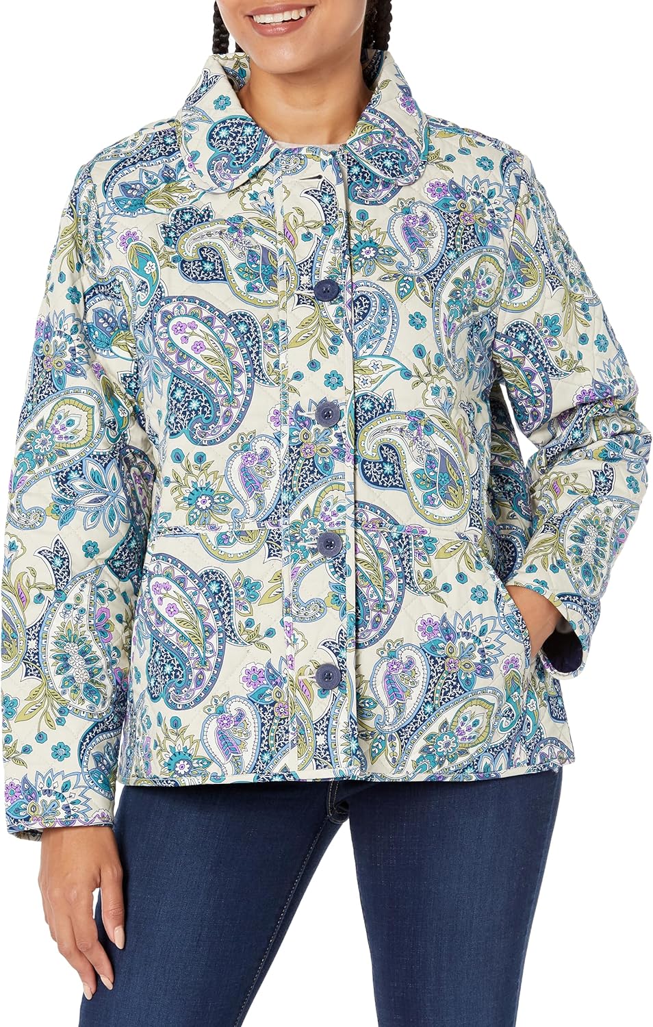 The paisley design is so pretty and the jacket is warm, the material soft and very high quality. I love the whimsical patterns and the signature quilting. It' lovely!