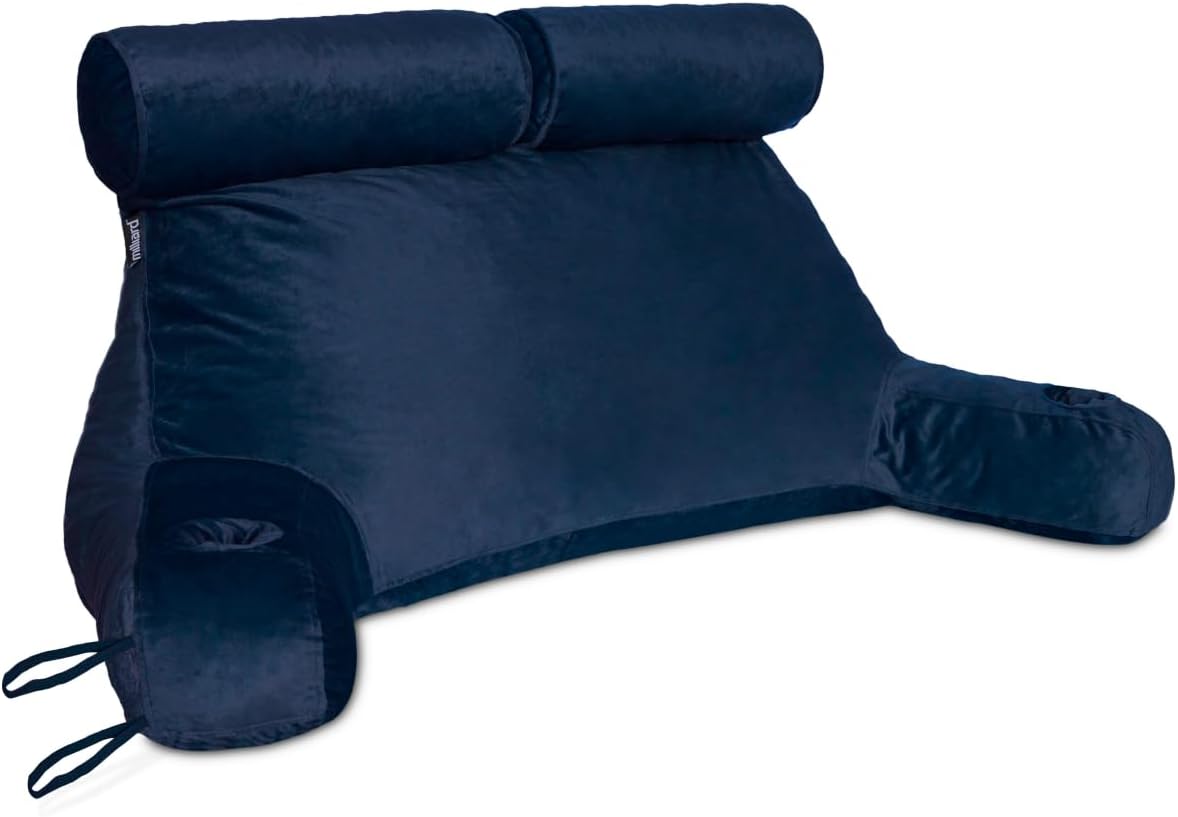 Milliard Double Reading Pillow with Shredded Memory Foam, Great as Backrest for Books or Gaming with Removable Velour Cover-Two Person Sit Up Pillow (Navy Blue)