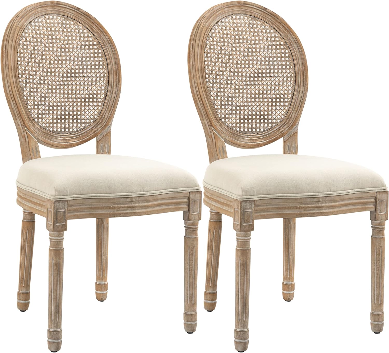 HOMCOM French-Style Upholstered Dining Chair Set, Armless Accent Side Chairs with Rattan Backrest and Linen-Touch Upholstery, Set of 2, Cream White