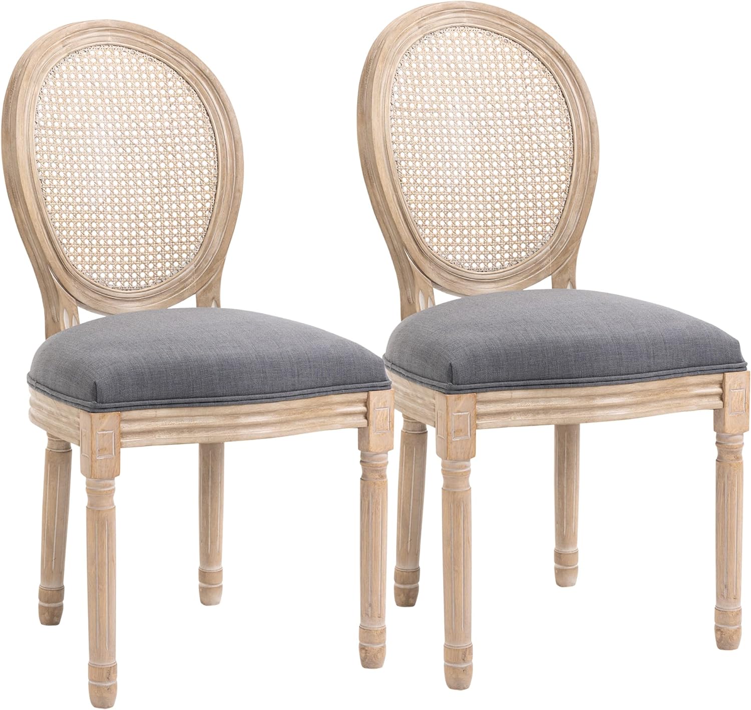 HOMCOM French-Style Upholstered Dining Chair Set, Armless Accent Side Chairs with Rattan Backrest and Linen-Touch Upholstery, Set of 2, Gray