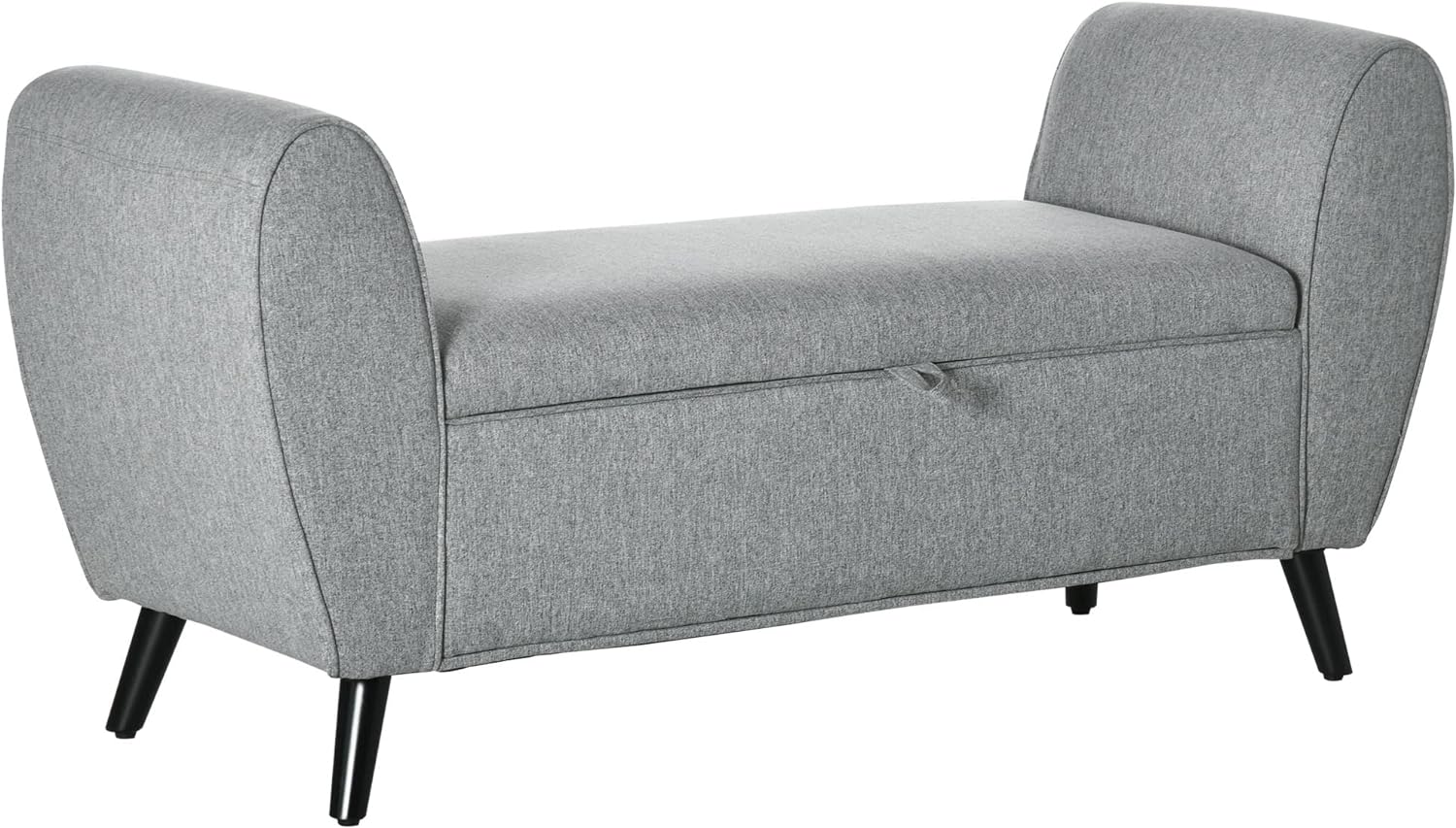 HOMCOM Upholstered Storage Ottoman, Armed Storage Bench with Rubber Wood Legs for Living Room, Light Gray