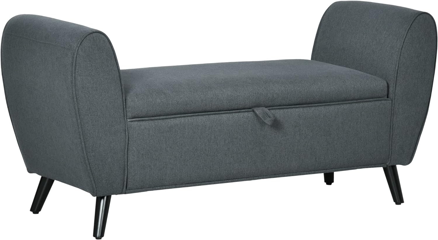 HOMCOM Upholstered Storage Ottoman, Armed Storage Bench with Rubber Wood Legs for Living Room, Pewter Gray