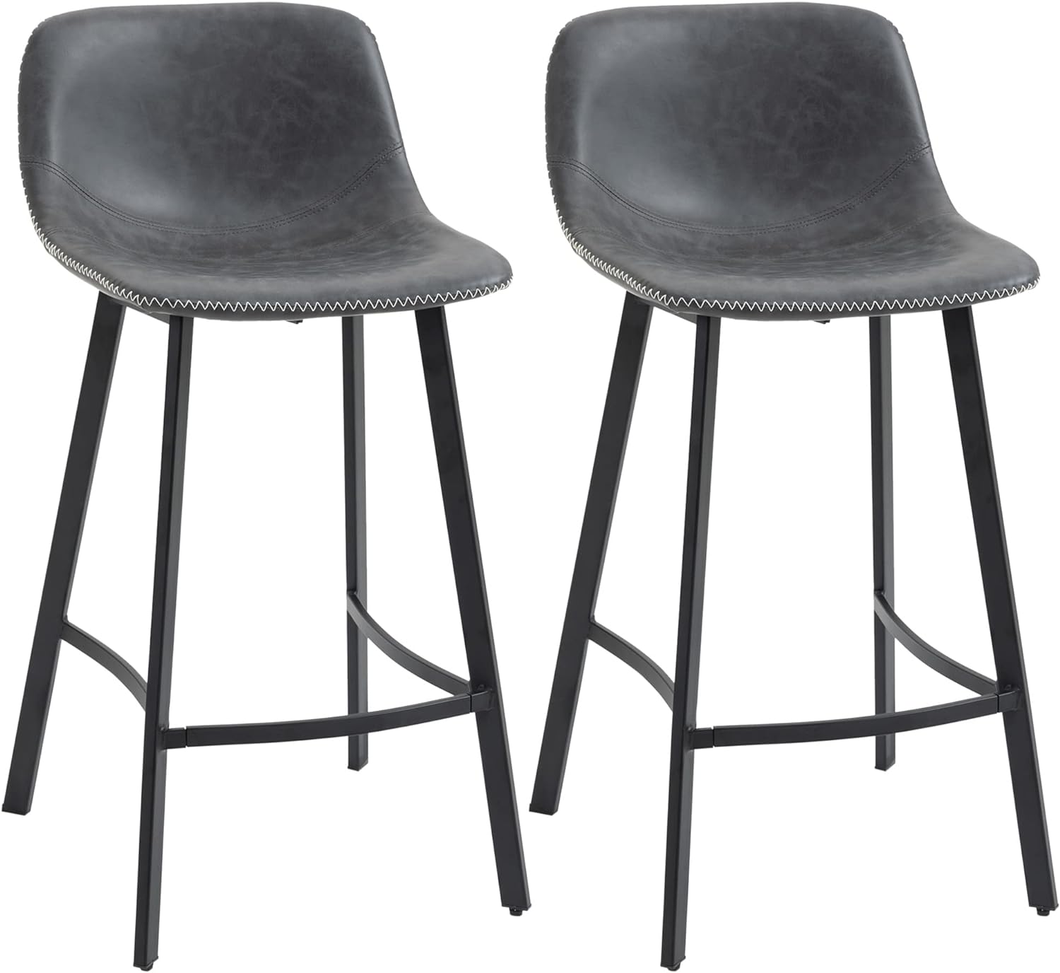 HOMCOM 27.25 Counter Height Bar Stools, Industrial Kitchen Stools, Upholstered Armless Bar Chairs with Back, Steel Legs, Set of 2, Grey