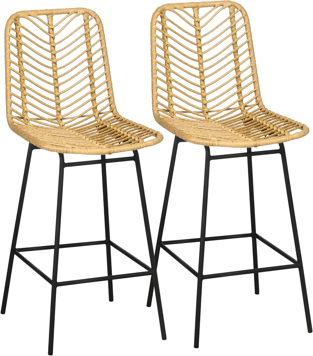 HOMCOM Modern Rattan Bar Stools, Breathable Steel-Base Wicker Counter Height Barstools for Kitchen Counter, Set of 2, Yellow