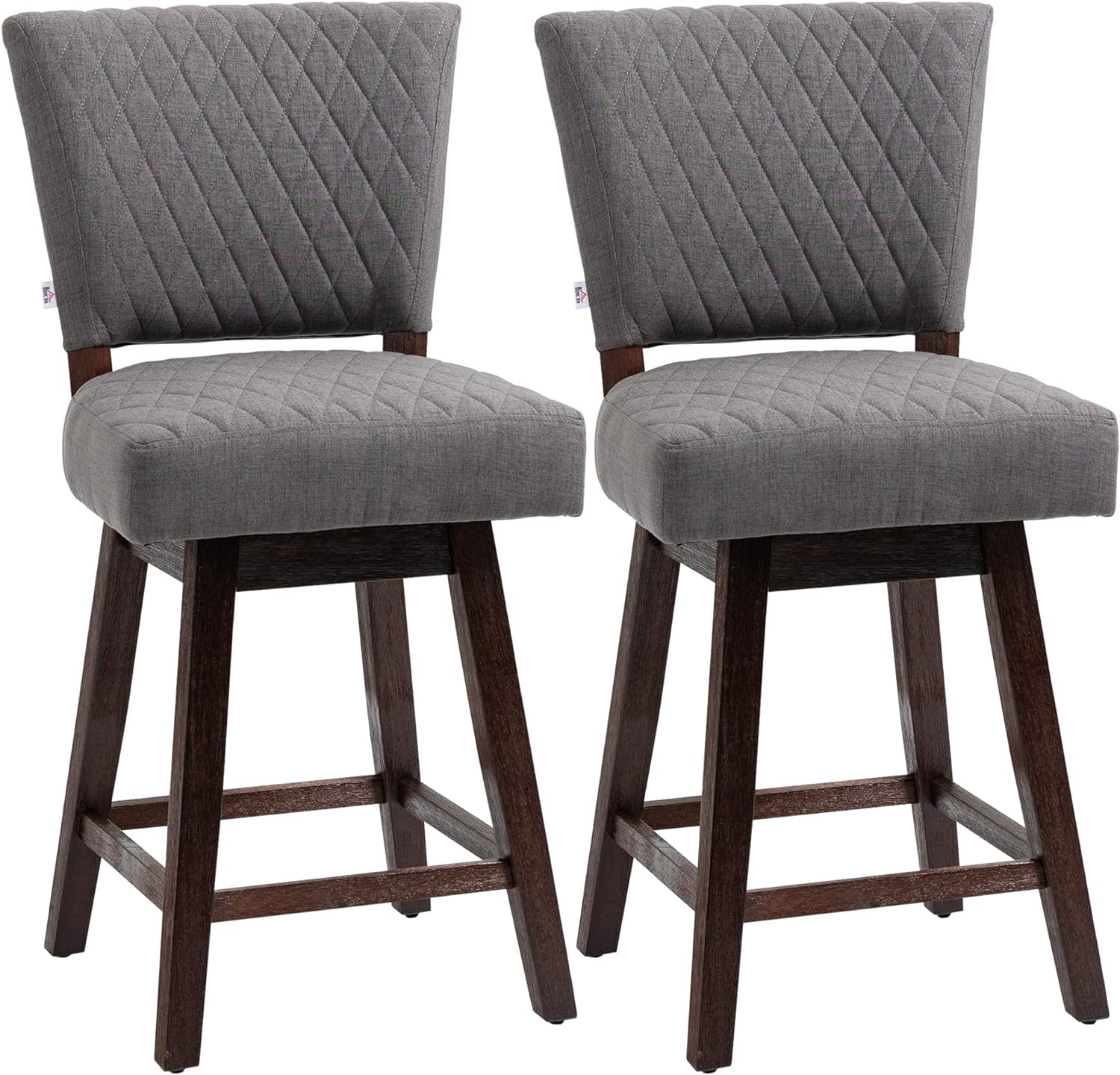 HOMCOM Counter Height Bar Stools, Set of 2, Swivel Barstools 26.5 Inch Seat Height with Back, Rubber Wood Legs and Footrests, for Kitchen Dining Room Pub, Grey