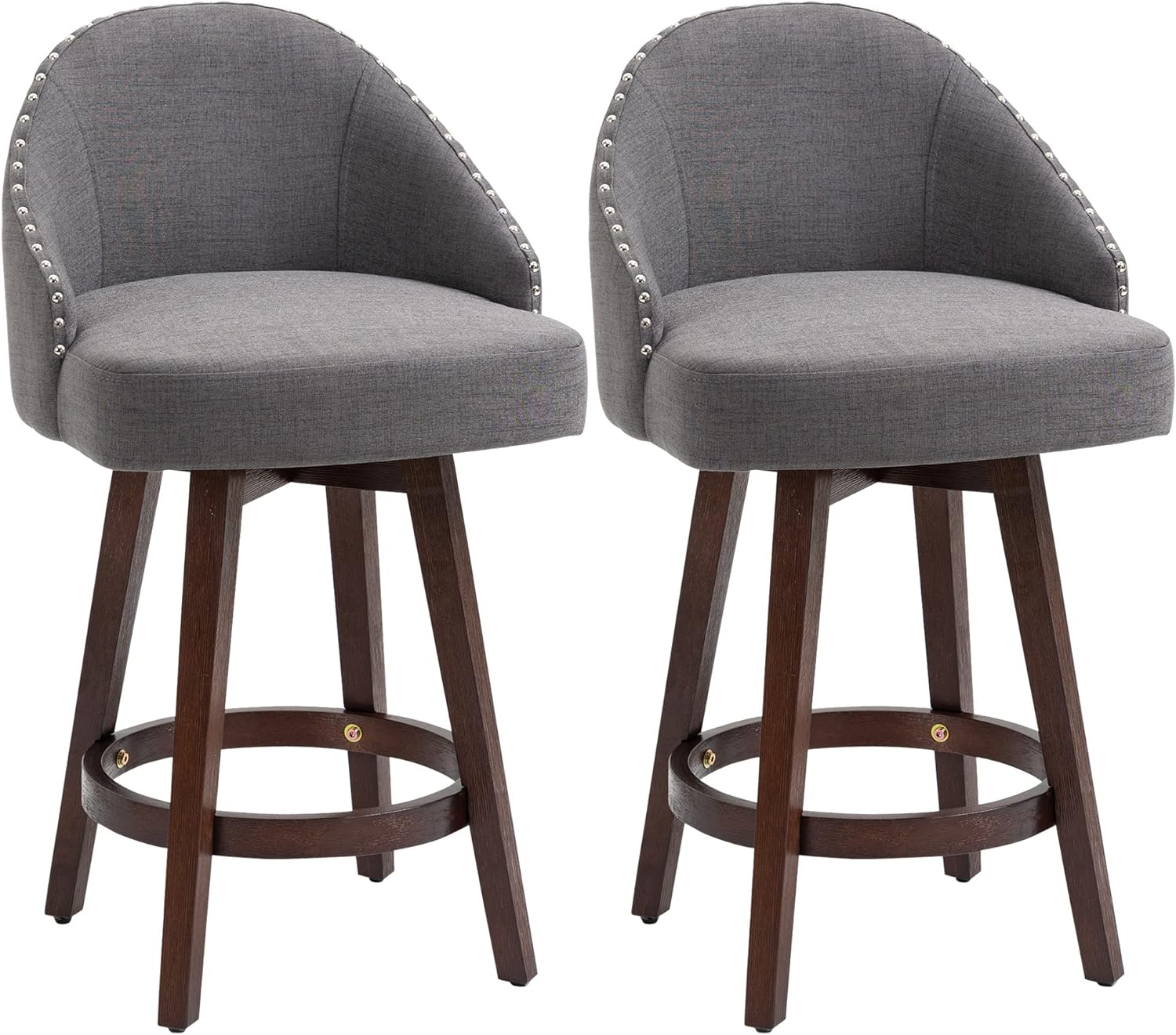 HOMCOM 26 Counter Height Bar Stools, Linen Fabric Kitchen Stools with Nailhead Trim, Rubber Wood Legs and Footrest for Dining Room, Counter, Pub, Set of 2, Dark Gray