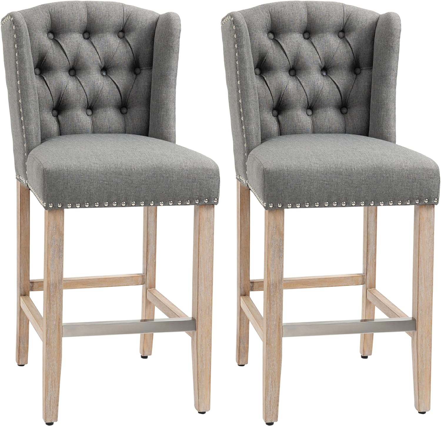 HOMCOM Counter Height Bar Stools Set of 2, Upholstered 26.75 Seat Height Barstools, Breakfast Chairs with Nailhead-Trim, Tufted Back and Wood Legs, Light Grey