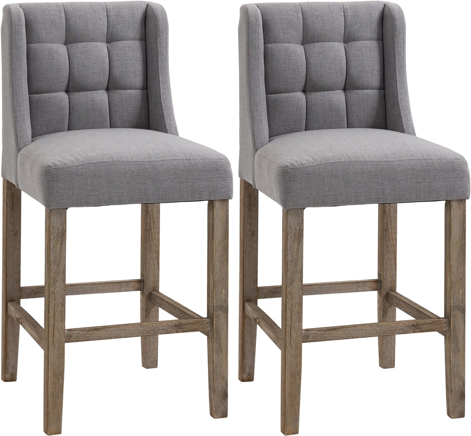 HOMCOM Modern Bar Stools, Tufted Upholstered Barstools, Pub Chairs with Back, Rubber Wood Legs for Kitchen, Dinning Room, Set of 2, Grey